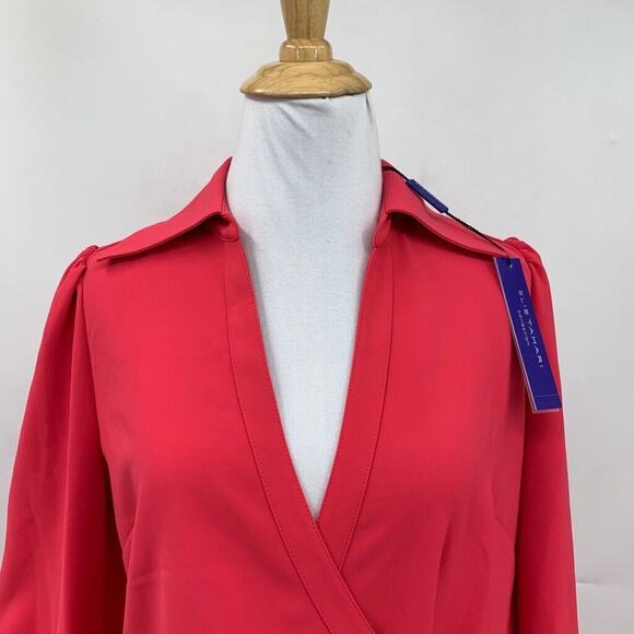 Elie Tahari Dress Womens 4 Strawberry Crepe Tie Waist Collared Side Zip Surplice - Picture 3 of 16